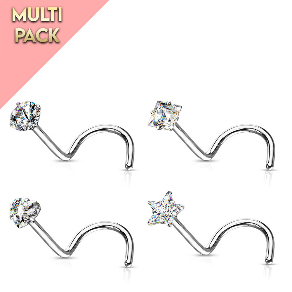 Cherry Diva Screw Nose Stud 4 Pack Hypoallergenic Crystal Top Screw Ring Nose Studs