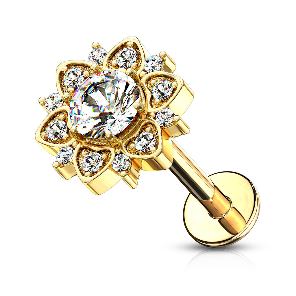 Cherry Diva Stud Gold 16 Gauge Flat Back Internally Threaded Crystal Flower Stud