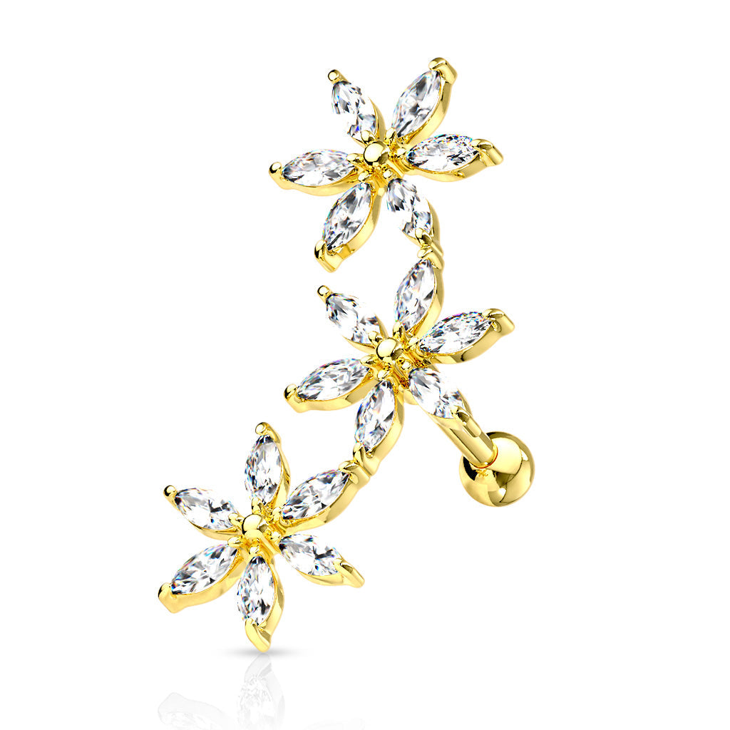 Cherry Diva Stud Gold 16 Gauge Triple Crystal Flower Cartilage / Tragus Stud