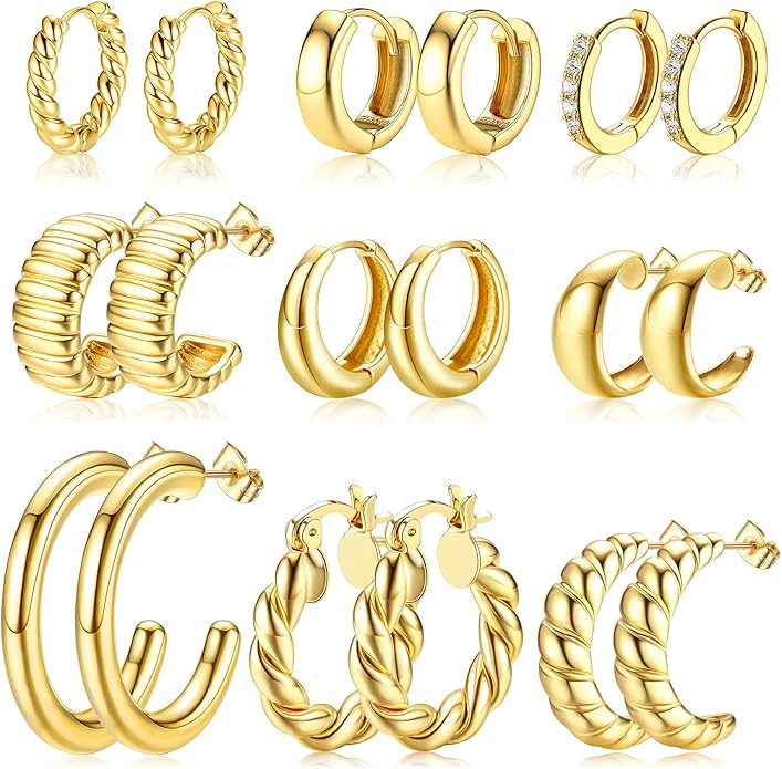 Cherry Diva Stud Gold Multi Pack of 9 Pairs Of Huggie Hoop Earrings