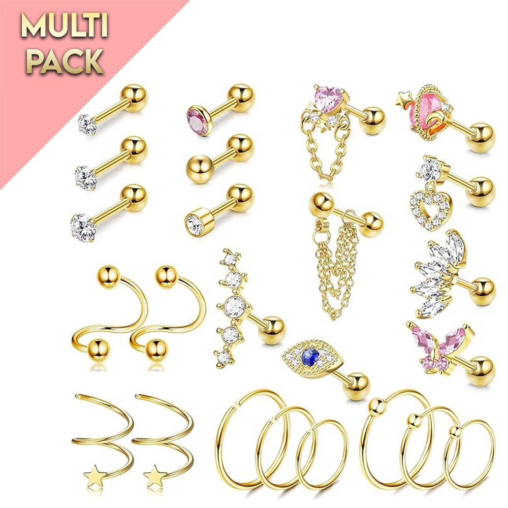 Cherry Diva Stud Multi Pack Of 24 Golden Studs And Hoops