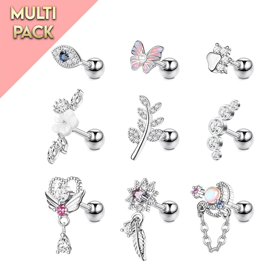 Cherry Diva Stud Multi Pack Of 9 Silver Cartilage Studs