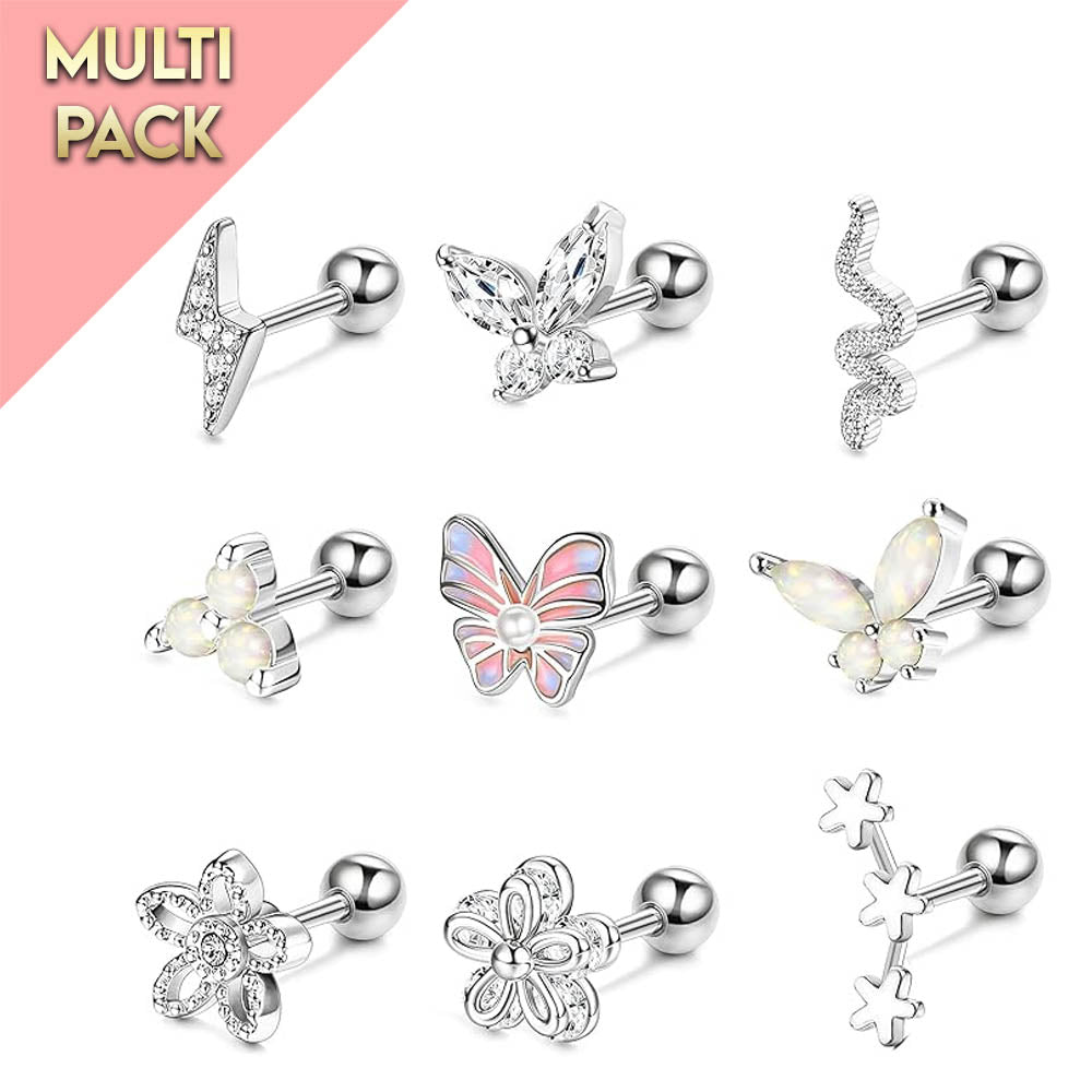 Cherry Diva Stud Multi Pack Of 9 Silver Cartilage Studs