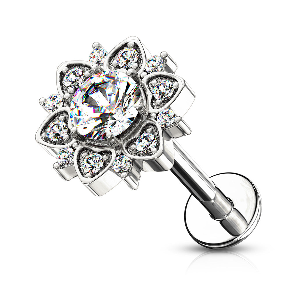 Cherry Diva Stud Silver 16 Gauge Flat Back Internally Threaded Crystal Flower Stud