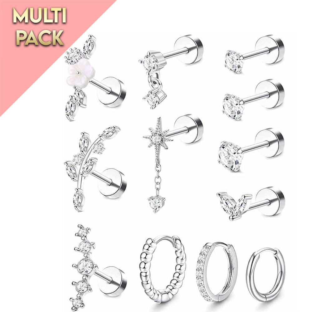 Cherry Diva Stud Silver Multi Pack Of 12 Flat Back Studs And Hoops