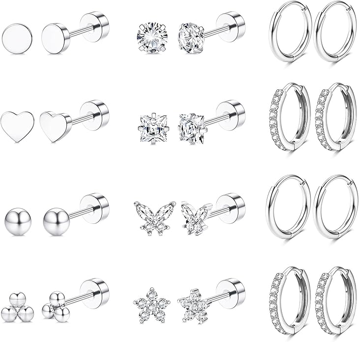 Cherry Diva Stud Silver Multi Pack of 12 Pairs Of Studs & Hoop Earrings