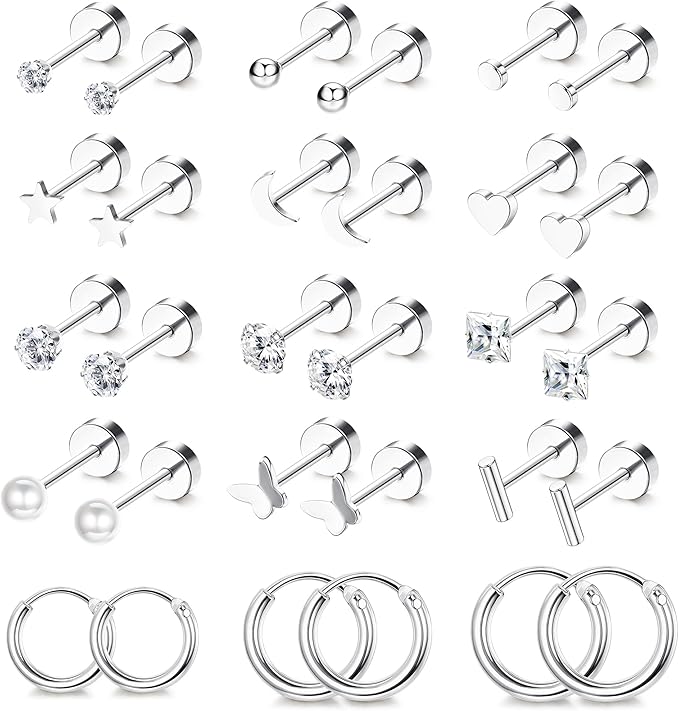 Cherry Diva Stud Silver Multi Pack of 15 Pairs Of Studs & Hoop Earrings