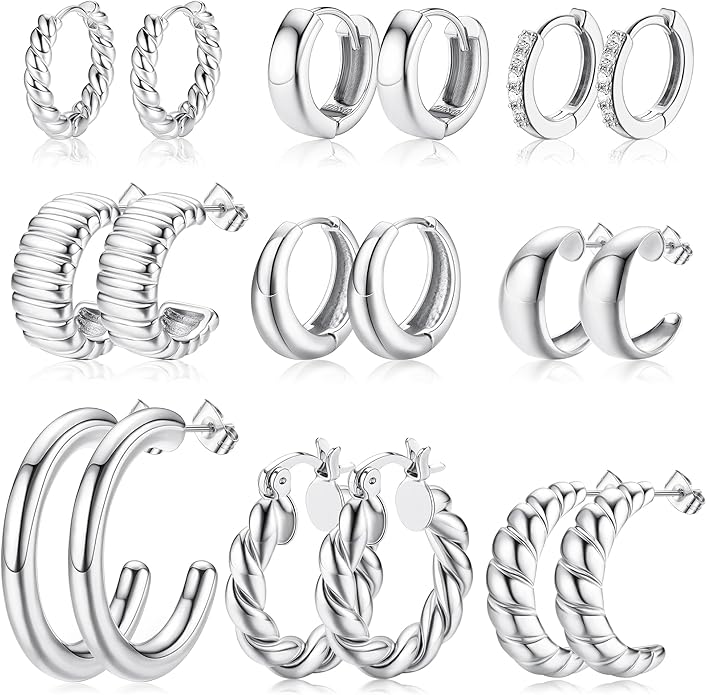 Cherry Diva Stud Silver Multi Pack of 9 Pairs Of Huggie Hoop Earrings