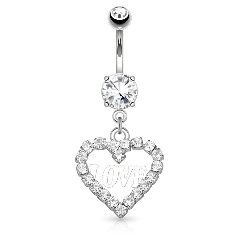 Cherry Diva belly bar 14 Gauge Dangling Silver Love Heart Belly Button Ring - Silver