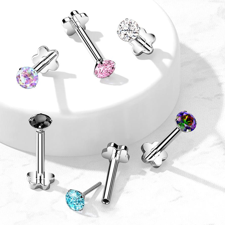 Cherry Diva Flat Back Stud 16 Gauge Titanium Flower Press Fit Crystal Labret Stud